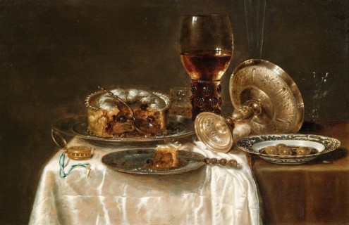 Olives in a blue and white porcelain bowl, a roemer, wine glasses, an overturned silver..., 1650s. Creator: Heda, Willem Claesz (1594-1680).