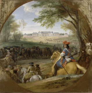 Arrival of Louis XIV preceded by his guardsmen at the old palace of Versailles, 1669. Creator: Meulen, Adam Frans, van der (1632-1690).