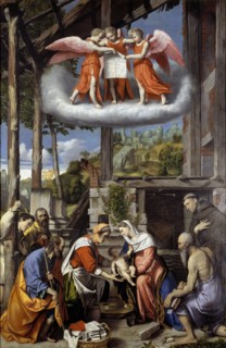 Nativity with Shepherds, Saint Jerome and a Donor, 1529-1535. Creator: Moretto da Brescia, Alessandro (ca 1498 - 1554).