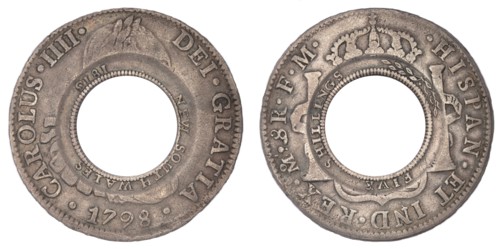 Holey Dollar, New South Wales, minted 1813, from Spanish silver dollar from 1798, 1813. Creator: Numismatic, West European Coins  .