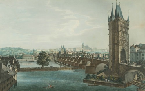 Prague. Hradcany, Lesser Town. Old Town Bridge Tower. View from the southeast, c 1840. Creator: Richter, Carl August (1785-1853).