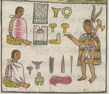 Merchants (Pochtecas) and their wares in Tzinacantlan. From the Codex Florentinus, c 1550. Creator: Sahagún, Bernardino de (1499-1590).
