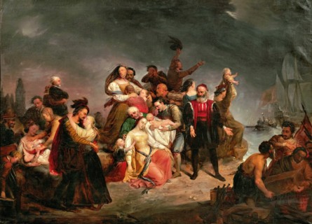 The farewell to America or The Boarding the Mayflower. Creator: Wappers, Gustave (1803-1874).