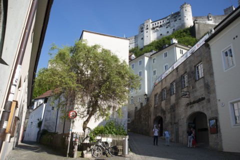 Square in front of the funicular that leads up to the Festung Hohensalzburg, Salzburg, Austria, 2022 Creator: Ethel Davies.