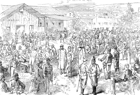 Sketch in the Austrian camp at Bruck: evening amusements, 1871. Creator: Unknown.
