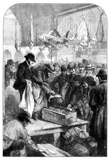 A fish auction in Columbia Market, 1871. Creator: Unknown.