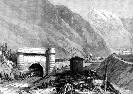 Opening of the Mont Cenis Tunnel: mouth of the tunnel at Bardonnèche, Piedmont, 1871. Creator: Unknown.