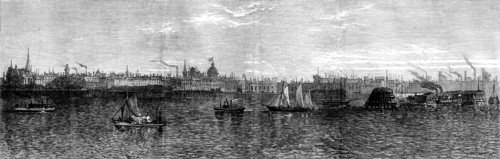 The Great Fire at Chicago: view of the city from Lake Michigan, 1871. Creator: Unknown.