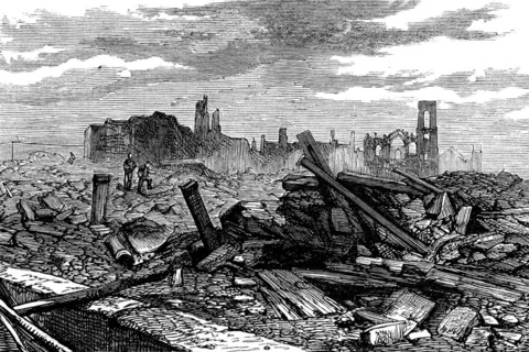 Ruins of Chicago after the Fire: Porter Palmer's Block; Field and Leiter's Stores, 1871. Creator: Unknown.