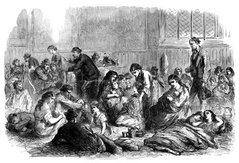 Chicago after the Fire: burnt-out people in the chapel of Grace Church, 1871. Creator: Unknown.