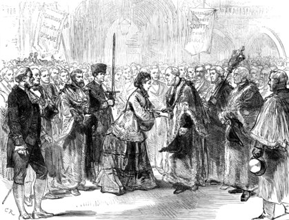 Lady Burdett-Coutts delivering Columbia Market to the Lord Mayor, 1871. Creator: Unknown.