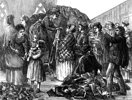 The Chicago Fire: Ladies of Chicago supplying the refugees with clothing, 1871. Creator: Unknown.