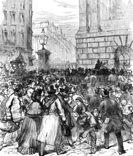 Illness of the Prince of Wales: posting the bulletin at the Mansion House, 1871. Creator: Unknown.