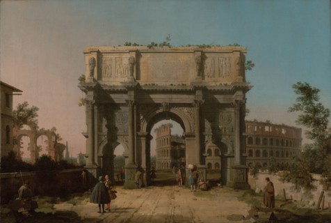 View of the Arch of Constantine with the Colosseum, 1742-1745. Creator: Canaletto.