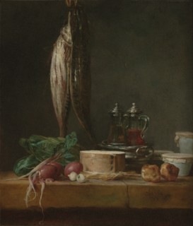 Still Life with Fish, Vegetables, Gougères, Pots, and Cruets on a Table, 1769. Creator: Jean-Simeon Chardin.