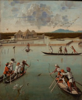 Hunting on the Lagoon (recto); Letter Rack (verso), about 1490-1495. Creator: Vittore Carpaccio.