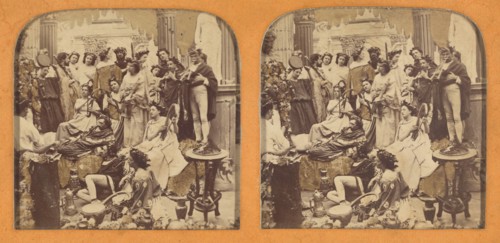 Scenes Animees large group of people dressed in Greek or Roman costumes, about 1865. Creator: Adolphe Block.