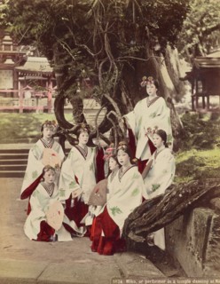 Miko, or Performing in A Temple Dancing at Nara, about 1890. Creator: Kusakabe Kimbei.