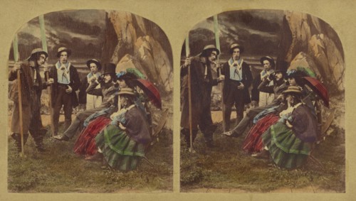 Genre scene: well-dressed group talking to a peasant, about 1865. Creator: London Stereoscopic & Photographic Co.