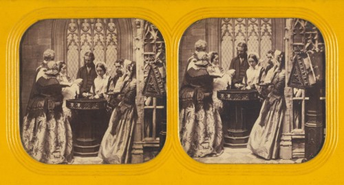 People in a church watching a baby's Baptism, 1860s. Creator: Charles Gaudin.