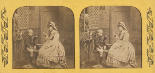 Groupes Petites Scenes: little girl and boy eating on a bench, mother watching from..., 1855-1865. Creator: Cyrus Anatole Pougnet.