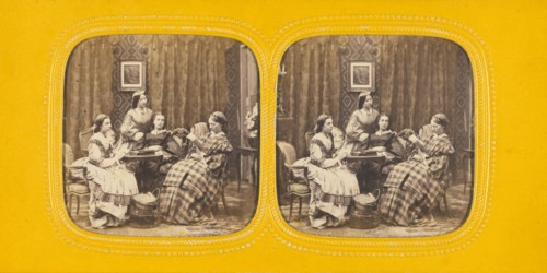 Genre parlor scene with four women, 1860s. Creator: E Lamy.