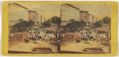 Looking up Broadway from the corner of Fulton st. showing ruins of Barnum's Museum, about 1864-1868. Creator: E. & H.T. Anthony.