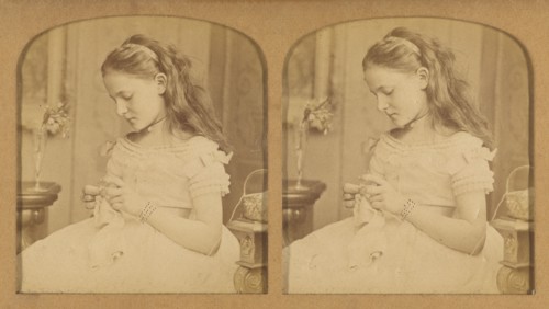 Little girl sewing, 1855-1865. Creator: F. Grau.