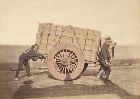Men pushing a Wagon, about 1868. Creator: Felice Beato.