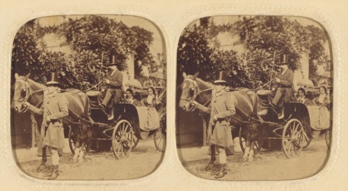 Two women in a horse-drawn carriage with two men drivers wearing top hats..., about 1858. Creator: LeBas.