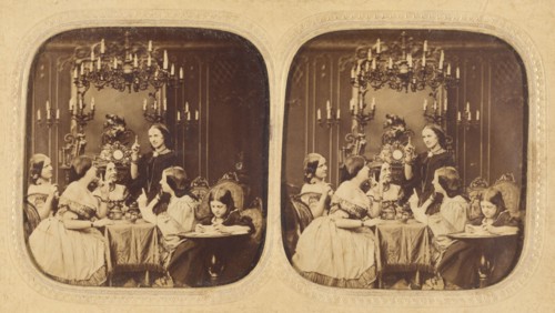 Parlor scene with a group of women and a little girl, 1855-1865. Creator: London Stereoscopic & Photographic Co.