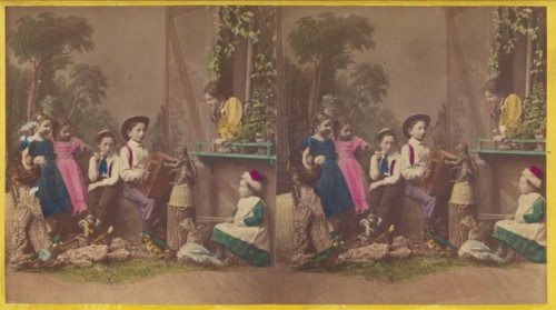 Group of children in native costume posed in a studio, one boy is playing an accordion...about 1870. Creator: Pauly Sisters.