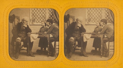 Elderly man playing checkers with two children, 1855-1860. Creator: Unknown.