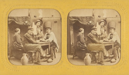 Three men and a woman seated at a table drinking, 1855-1860. Creator: Unknown.