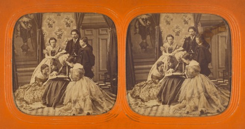 Family scene in parlor: elder woman reading to group, 1855-1860. Creator: Unknown.