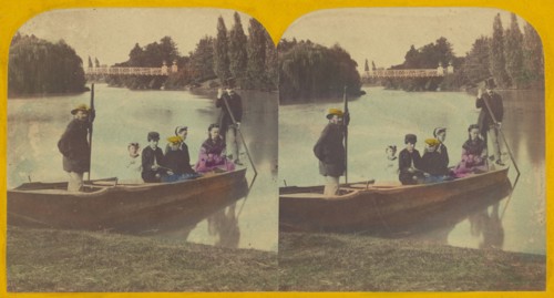 Family in rowboat on river, two rowers with them, about 1855-1860. Creator: Unknown.