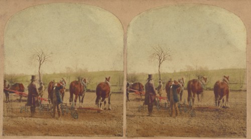 Two men in field with an agricultural machine hooked up to a team of horses, about 1865. Creator: Unknown.