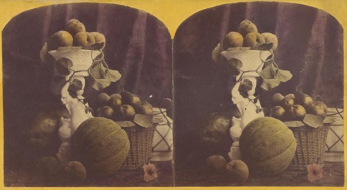 Basket and vase filled with fruit, cantalope at base, about 1865. Creator: Unknown.