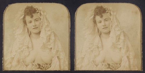 Woman wearing a lace mantilla with breasts exposed, 1855-1860. Creator: Unknown.