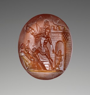Intaglio with Scene of Aeneas and his Family Escaping from Troy, about 20 B.C. Creator: Unknown.