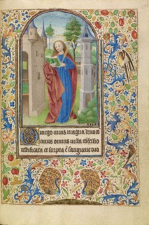 Saint Barbara with a Book and a Martyr's Palm before a Tower; Book of Hours, about 1466-1470. Creator: Master of Jacques of Luxembourg.