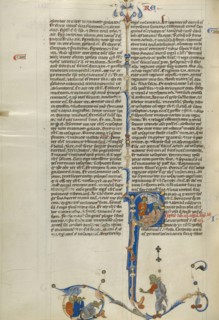 Initial P: King Ahaziah Reclining on a Couch; Abbey Bible, about 1250-1262. Creator: Unknown.