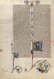 Initial V: Job Derided by His Wife and Three Friends; Abbey Bible, about 1250-1262. Creator: Unknown.