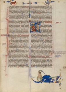 Initial D: David Presenting the Head of Goliath to King Saul; Abbey Bible, about 1250-1262. Creator: Unknown.