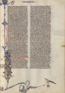 Initial I: God Appearing to Zechariah; Abbey Bible, about 1250-1262. Creator: Unknown.