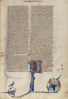 Initial P: Paul Exorcizing Demons From A Woman; Abbey Bible, about 1250-1262. Creator: Unknown.