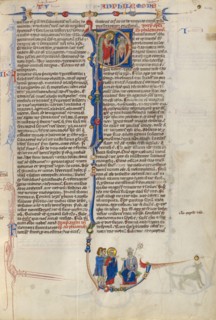 Initial P: Saint Paul Giving a Scroll to a Bishop; Abbey Bible about 1250-1262. Creator: Unknown.