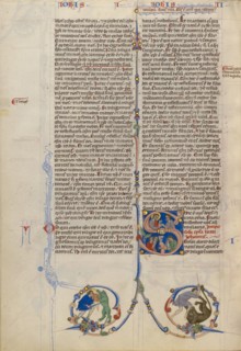 Initial S: Christ Delivering a Scroll to a Man; Abbey Bible, about 1250-1262. Creator: Unknown.
