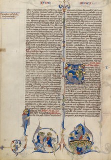 Initial A: Saint John Sleeping and Angel with a Trumpet; Abbey Bible about 1250-1262. Creator: Unknown.