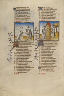Courtesy with a Knight; Idleness Opening the Door for the Lover; Roman de la Rose, about 1405. Creator: Unknown.
